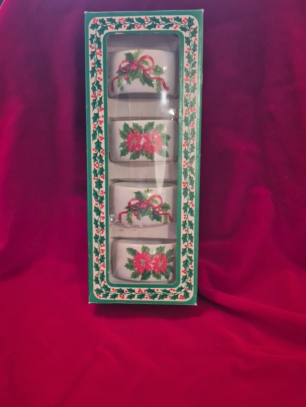 Holiday Poinsettia Ceramic Napkin Rings - White and Red